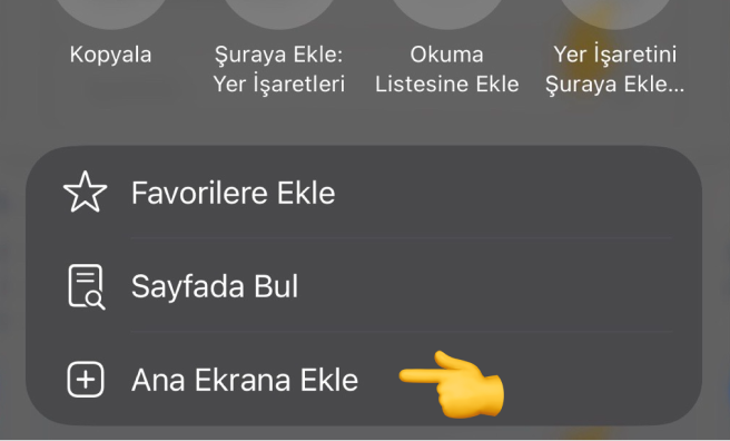 Ana ekrana ekle seçeneği